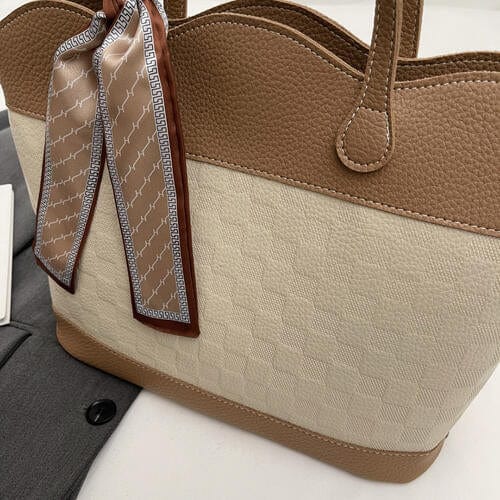Camel / One Size PU Leather Tied Contrast Tote Bag