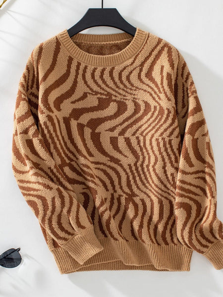 Camel / S Geometric Round Neck Long Sleeve Sweater