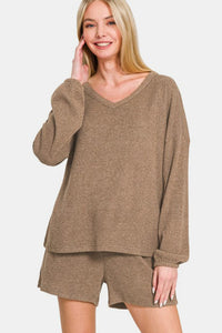 Camel / S Zenana V-Neck Long Sleeve Ribbed Top and Shorts Set