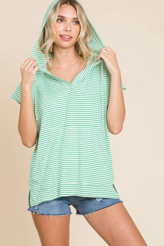 Candy Green / S Culture Code Full Size Striped Short Sleeve Hooded Top