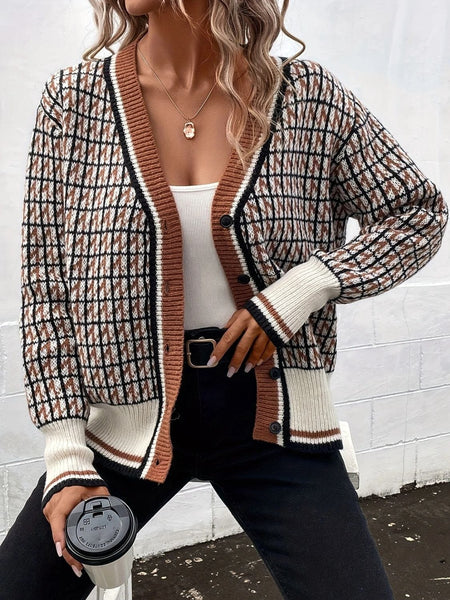 Caramel / One Size Plaid V-Neck Button Up Cardigan