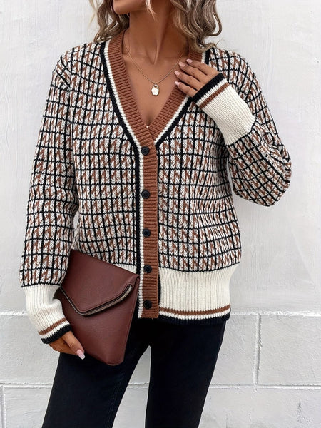 Caramel / One Size Plaid V-Neck Button Up Cardigan