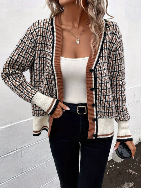 Caramel / One Size Plaid V-Neck Button Up Cardigan