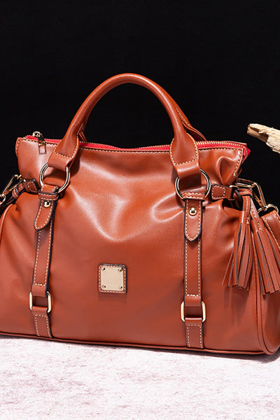 Caramel / One Size PU Leather Handbag with Tassels