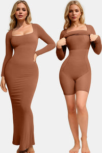 Caramel / S Basic Bae Built-In Shapewear Square Neck Long Sleeve Maxi Dress