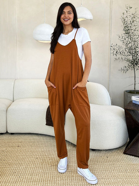 Caramel / S Double Take Full Size Sleeveless V-Neck Pocketed Jumpsuit