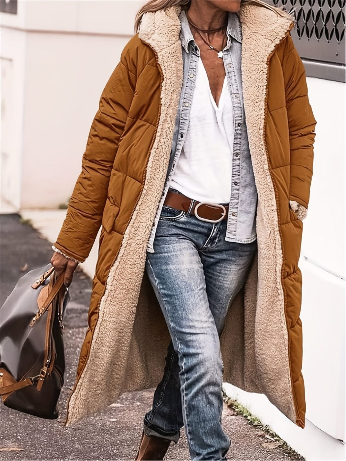 Caramel / S Full Size Zip Up Sherpa Hooded Coat