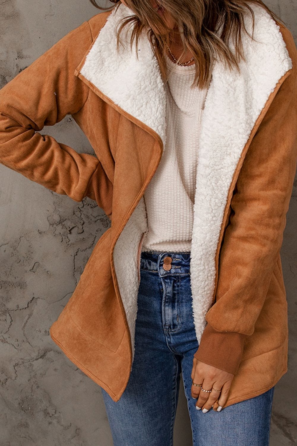 Caramel / S Open Front Long Sleeve Sherpa Jacket