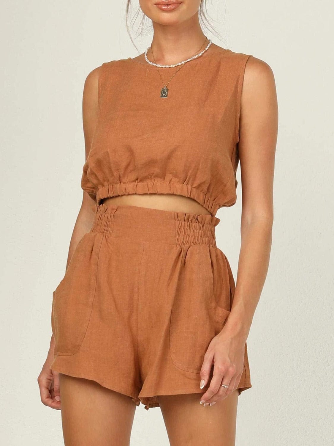 Caramel / S Round Neck Sleeveless Top and Shorts Set