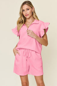 Carnation Pink / S Double Take Full Size Texture Flounce Sleeve Top and Drawstring Shorts Set