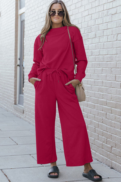 Cerise / S Double Take Full Size Textured Long Sleeve Top and Drawstring Pants Set