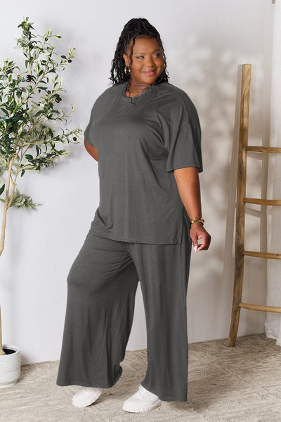 Charcoal / S Double Take Full Size Round Neck Slit Top and Pants Set