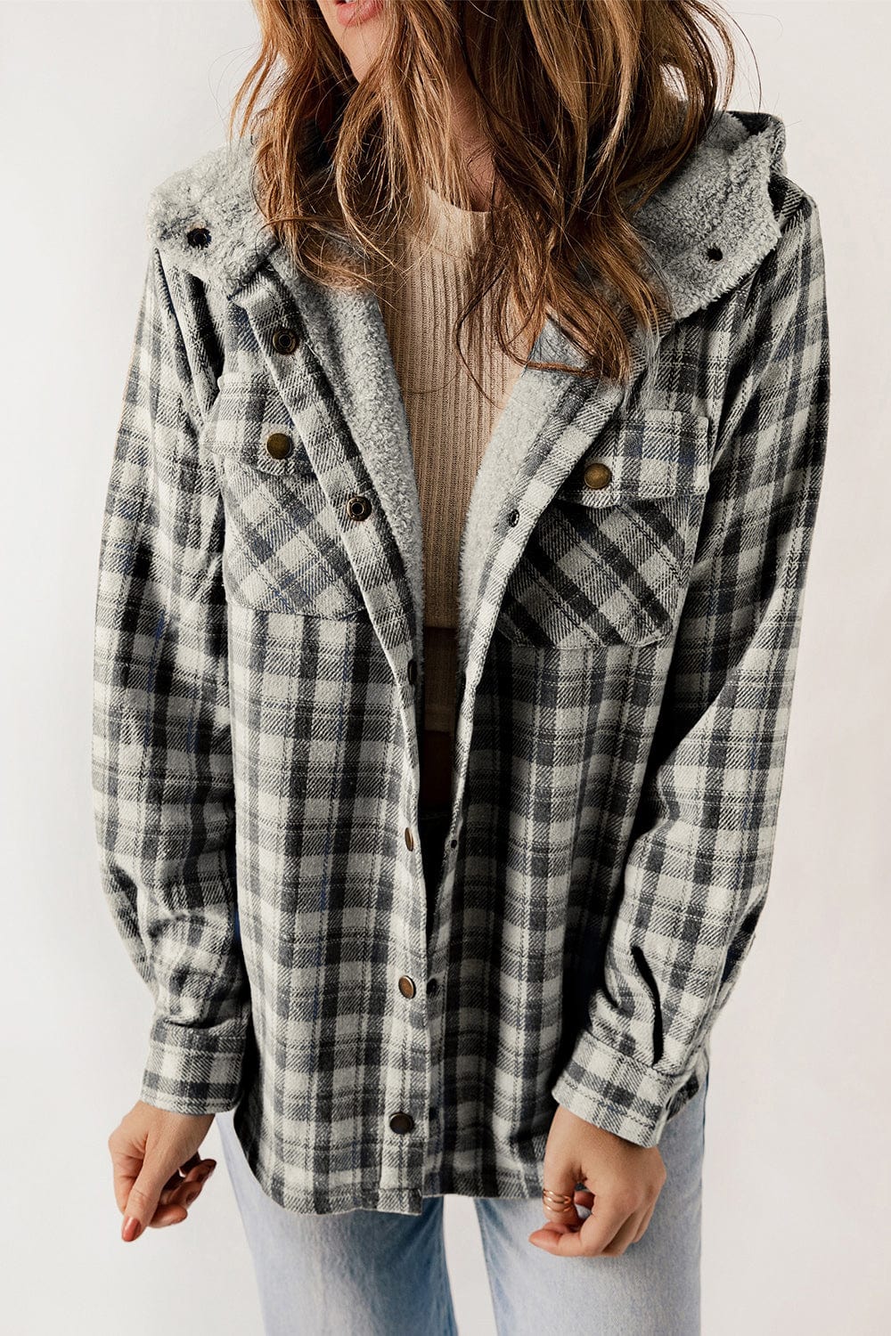 Charcoal / S Plaid Snap Down Hooded Jacket