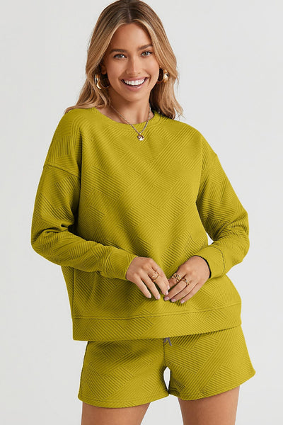 Chartreuse / S Double Take Full Size Texture Long Sleeve Top and Drawstring Shorts Set