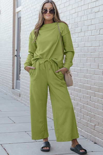 Chartreuse / S Double Take Full Size Textured Long Sleeve Top and Drawstring Pants Set