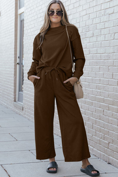 Chestnut / S Double Take Full Size Textured Long Sleeve Top and Drawstring Pants Set