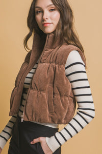 Cocoa / S Love Tree Corduroy Zip Up Puffer Vest with Pockets