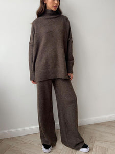 Coffee Brown / One Size Slit Turtleneck Long Sleeve Top and Pants Sweater Set