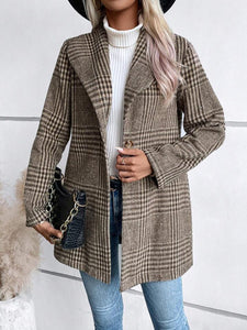 Coffee Brown / S Plaid Collared Neck Long Sleeve Jacket