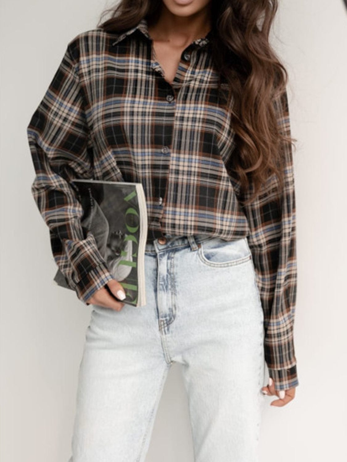 Coffee Brown / S Plaid Collared Neck Long Sleeve Shirt