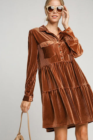 Copper / S Umgee Texture Tiered Collared Long Sleeve Dress