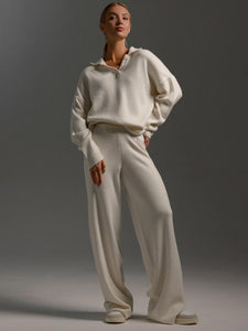 Cream / One Size Johnny Collar Long Sleeve Top and Pants Sweater Set