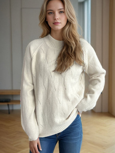 Cream / One Size Mock Neck Long Sleeve Sweater