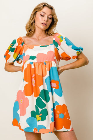 Cream/Orange/Blue / S BiBi Floral Puff Sleeve Mini Dress