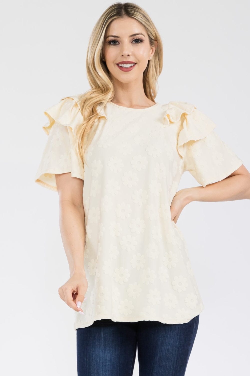 Cream / S Celeste Full Size Ruffle Layered Short Sleeve Daisy Floral Top