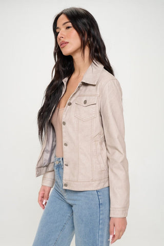 Cream / S Coalition LA Button Down Cargo Vegan Leather Shacket