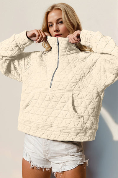 Cream / S Double Take Half Zip Long Sleeve Quilted Sweatshirt with Pocket