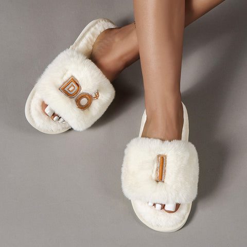 Cream / S Faux Fur Open Toe Slippers