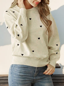 Cream / S Perfee Heart Round Neck Long Sleeve Knit Top