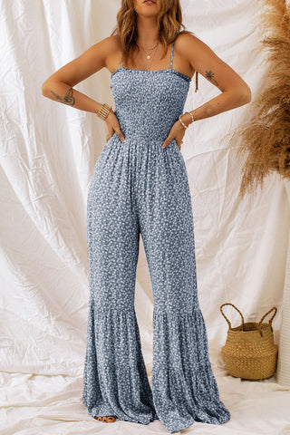 Smocked Printed Wide Strap Jumpsuit