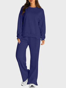 Dark Blue / S Round Neck Long Sleeve Top and Slit Pants Set