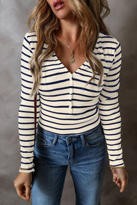 Dark Blue / S Striped V-Neck Long Sleeve Top