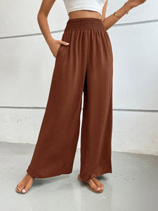 Dark Brown / S Perfee Wide Leg Pants with Pockets