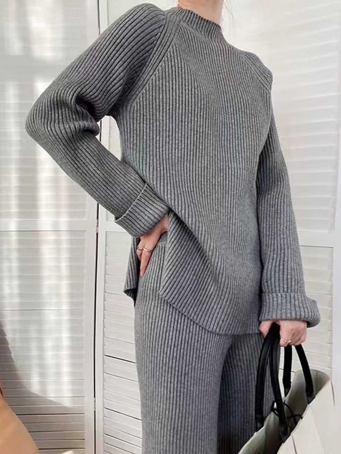 Dark Gray / One Size Mock Neck Raglan Sleeve Top and Pants Sweater Set