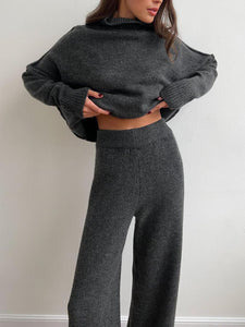 Dark Gray / One Size Slit Turtleneck Long Sleeve Top and Pants Sweater Set