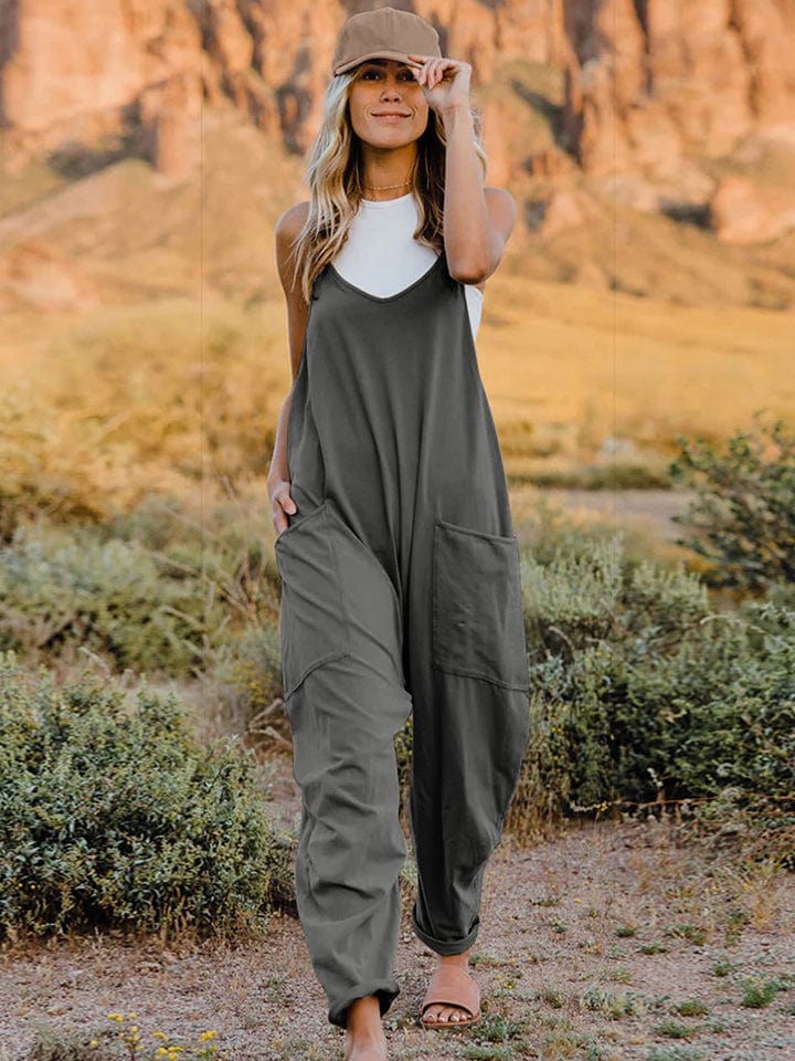 Dark Gray / S Double Take Full Size Sleeveless V-Neck Pocketed Jumpsuit