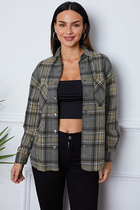 Dark Gray / S Plaid Snap Down Long Sleeve Shacket