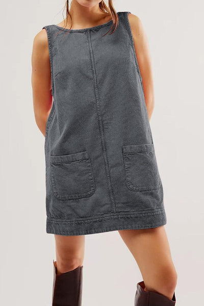 Dark Gray / S Round Neck Wide Strap Corduroy Mini Dress