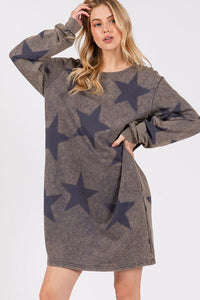 Dark Gray / S SAGE + FIG Washed Star Print Round Neck Dress