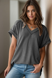 Dark Gray / S Textured V-Neck Short Sleeve Top