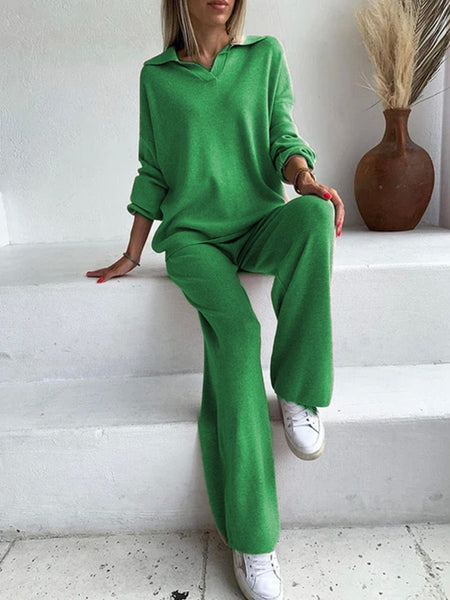 Dark Green / One Size Johnny Collar Long Sleeve Top and Pants Sweater Set