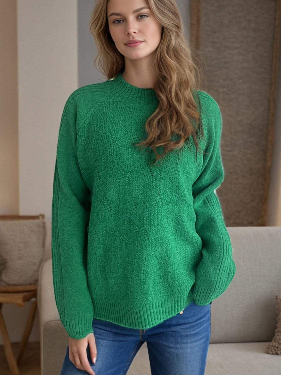 Dark Green / One Size Mock Neck Long Sleeve Sweater