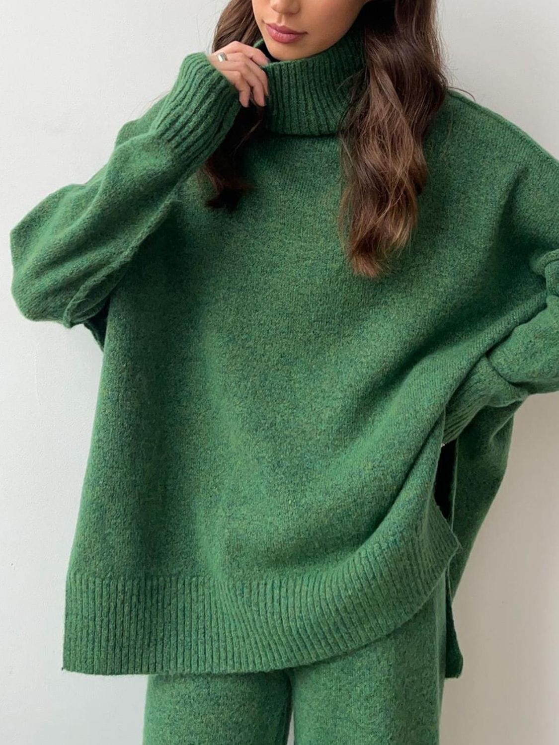 Dark Green / One Size Slit Turtleneck Long Sleeve Top and Pants Sweater Set