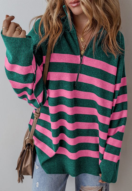 Dark Green / S Contrast Striped Quarter Zip Long Sleeve Sweater