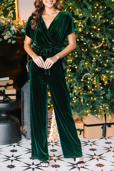 Dark Green / S Drawstring Surplice Short Sleeve Jumpsuit