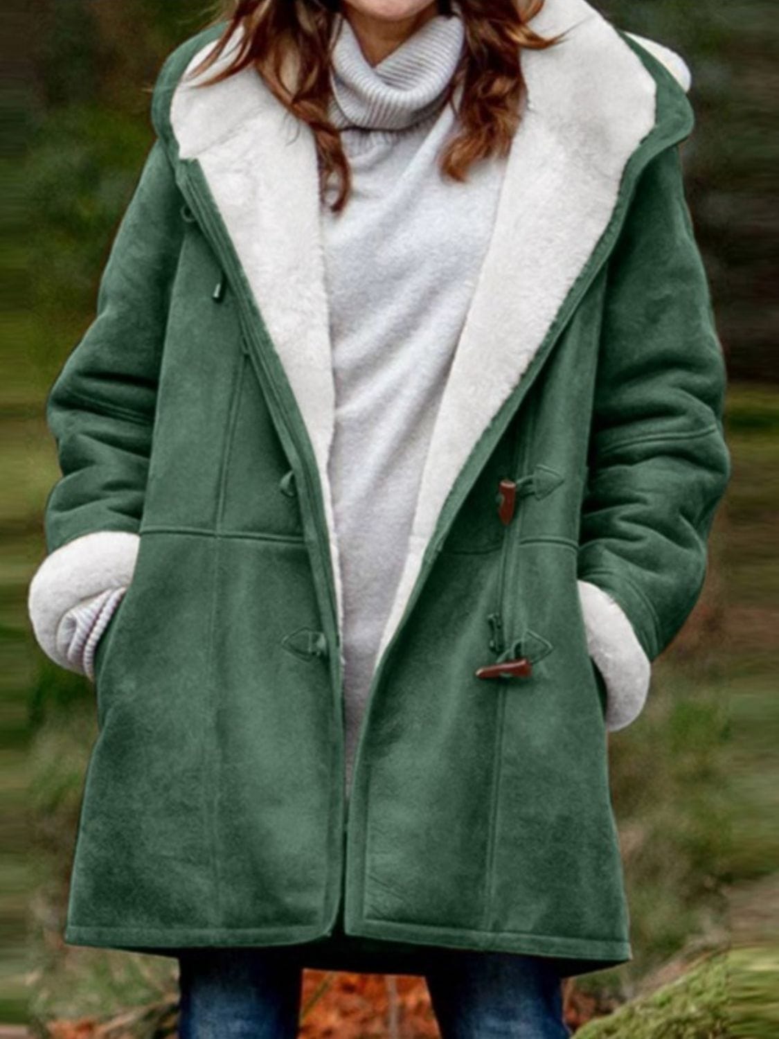 Dark Green / S Full Size Pocketed Long Sleeve Hooded Toggle Jacket